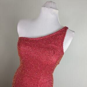 Sean Collection Prom Dress Maxi Gown Y2K Beaded Silk Shoulder Slit Sheath Pink L